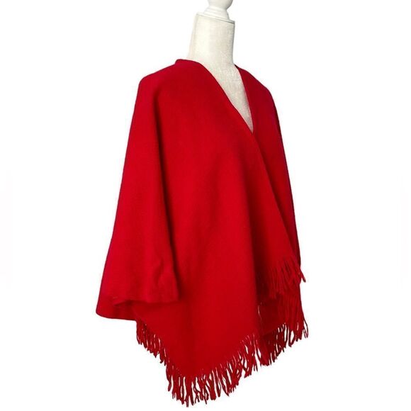 Vintage Red Wool Cape with Fringe | One size - Picture 3 of 6